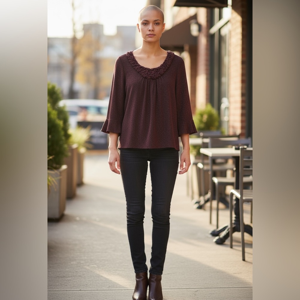 NWT New Directions Women’s black/ dark red sparkle top - Size PXL‎
